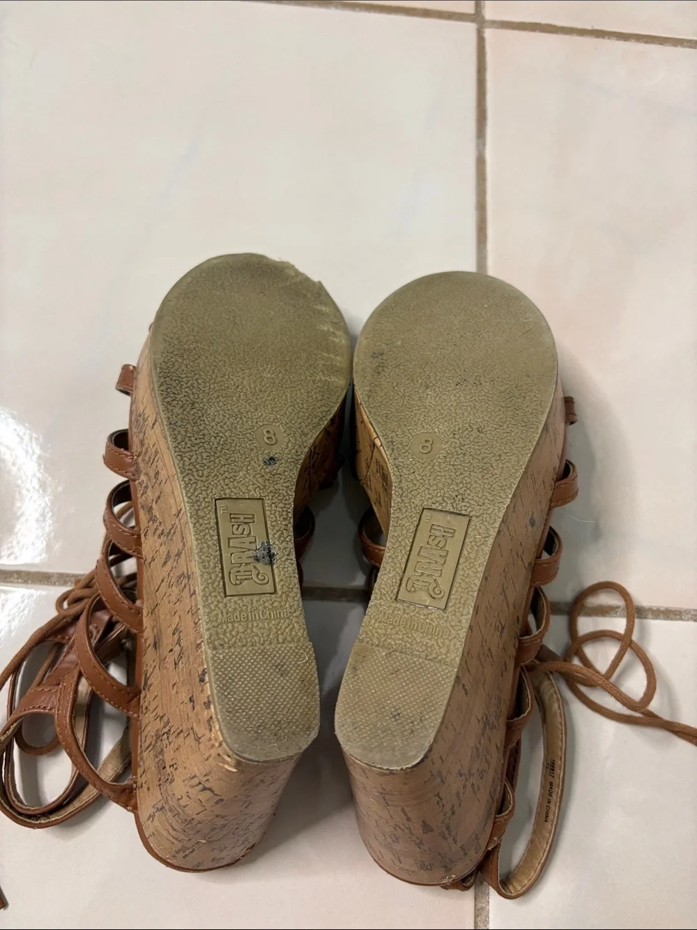 Brash Brown Lace-Up Cork Wedge Sandals. Size  8